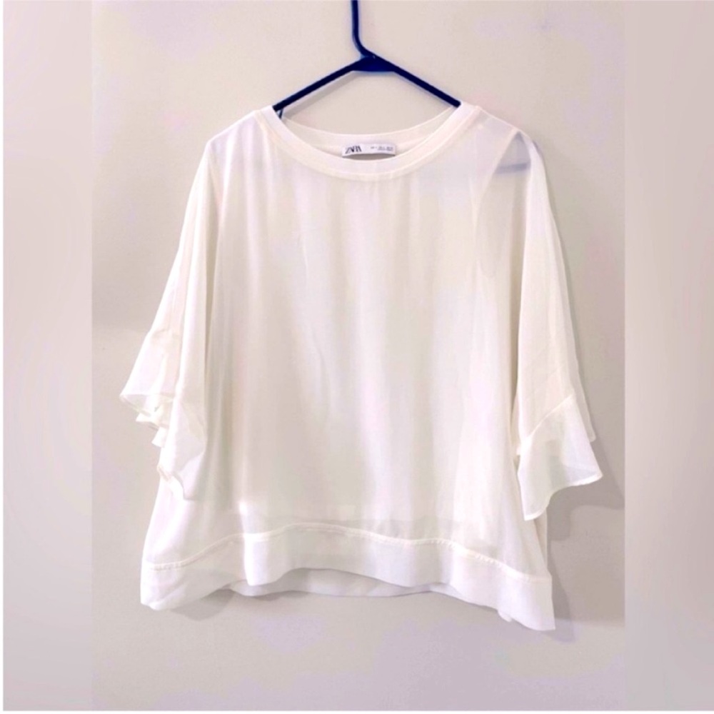 Zara White Ruffle-Sleeve Tunic Top